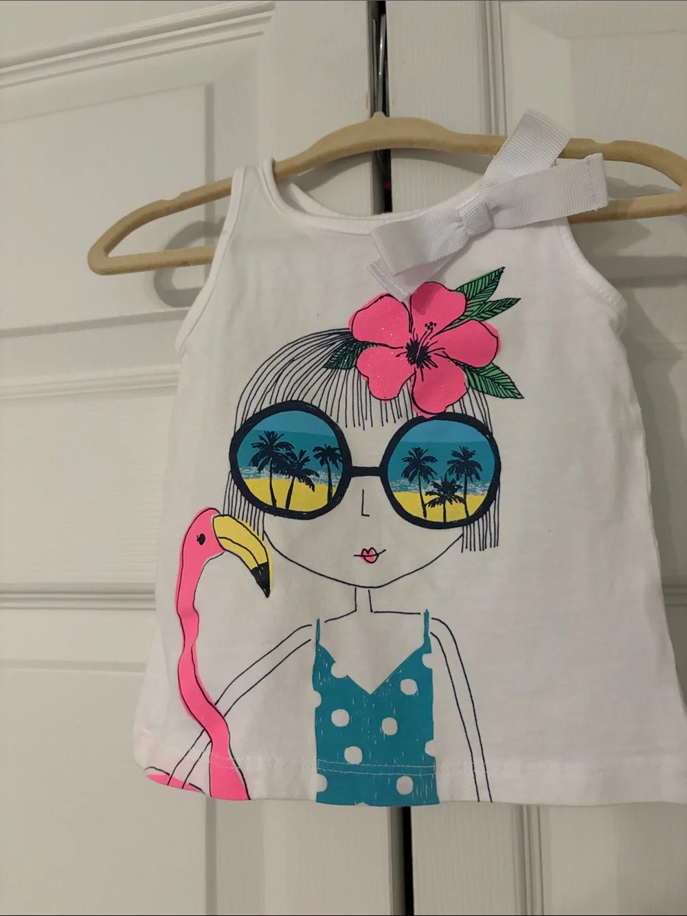 OshKosh B'gosh White Tank Top with Pink Flamingo & Teal Polka Dot Size 9 Months
